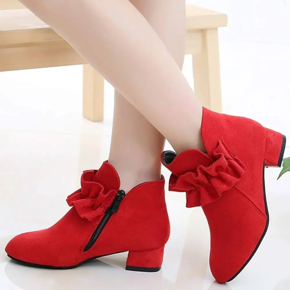 Red princess casual shoes, winter warm cotton short boots size 2.5